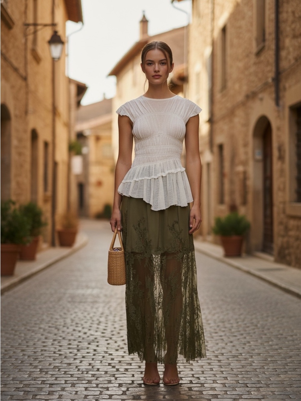Anthropologie Olive Green Lace Maxi Skirt Sz S Romantic Delicate Floral